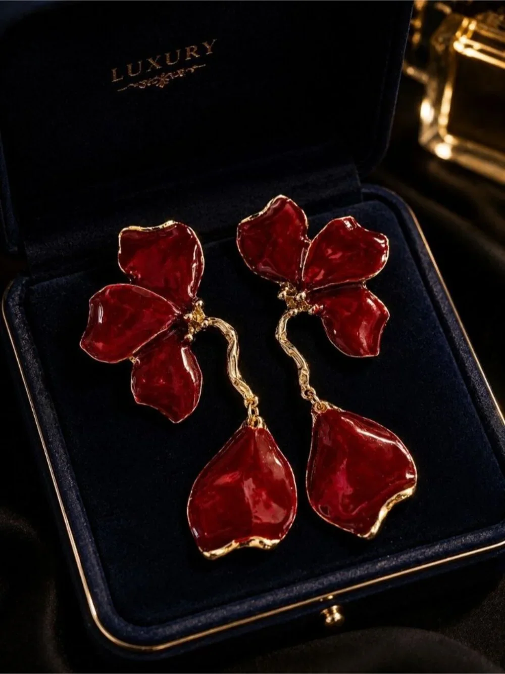 Ruby Red Floral Statement Earrings | Gold Tone Designer-Inspired Drop Earrings